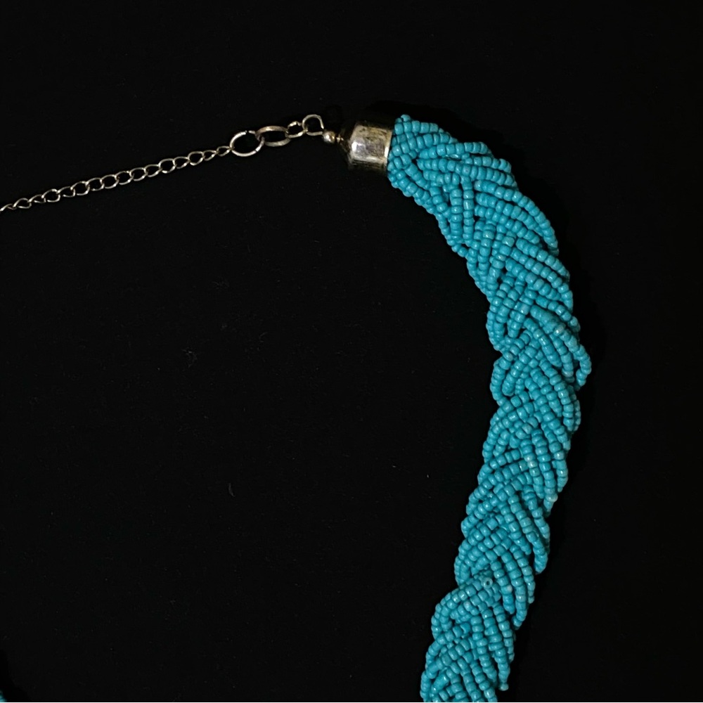 Vintage Boho Silver Tone + Turquoise Spring Blue Beads Rope Braids Bib Necklace - Picture 3 of 4